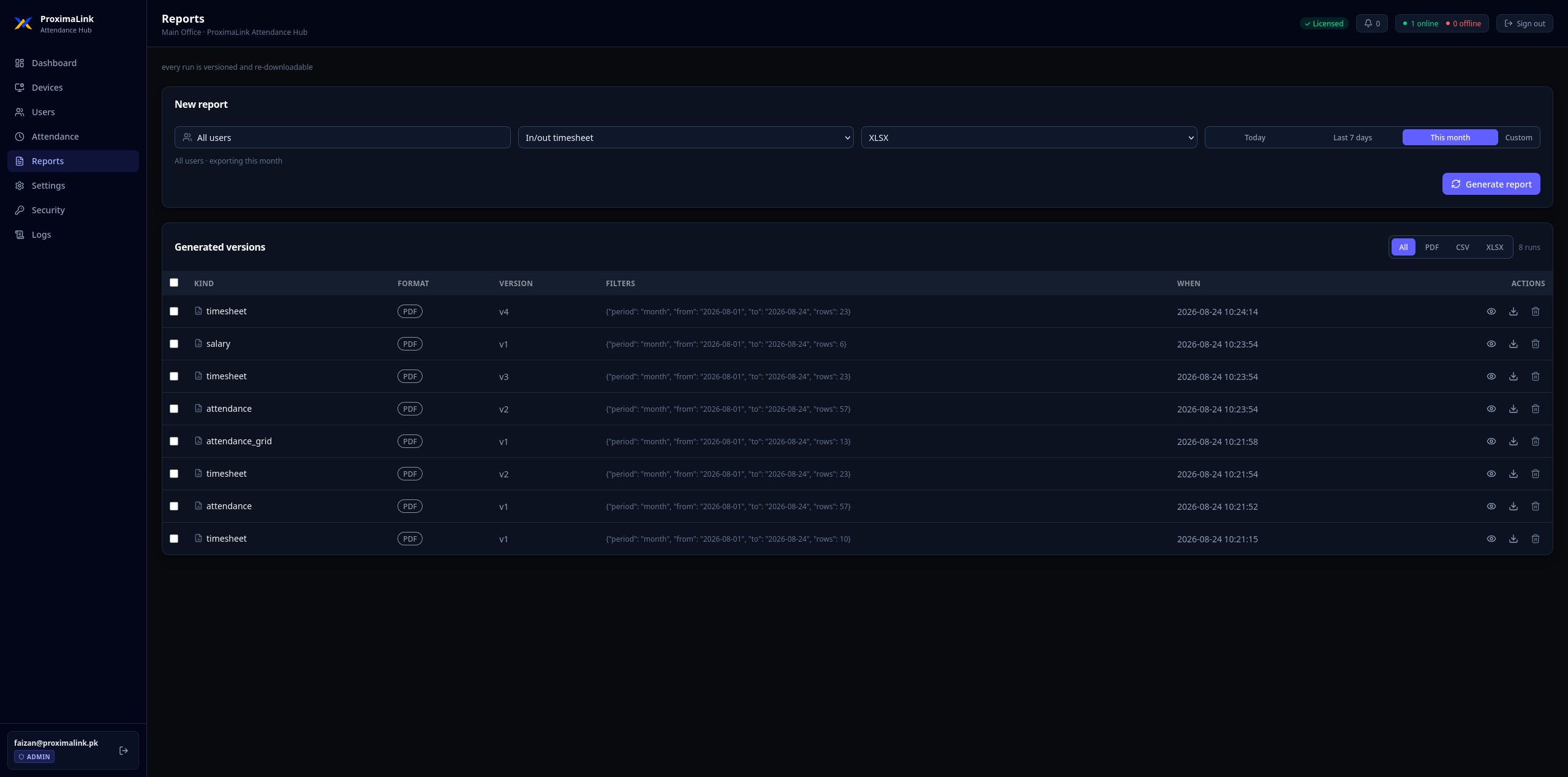 Reports screen showing generated versioned timesheet and salary reports