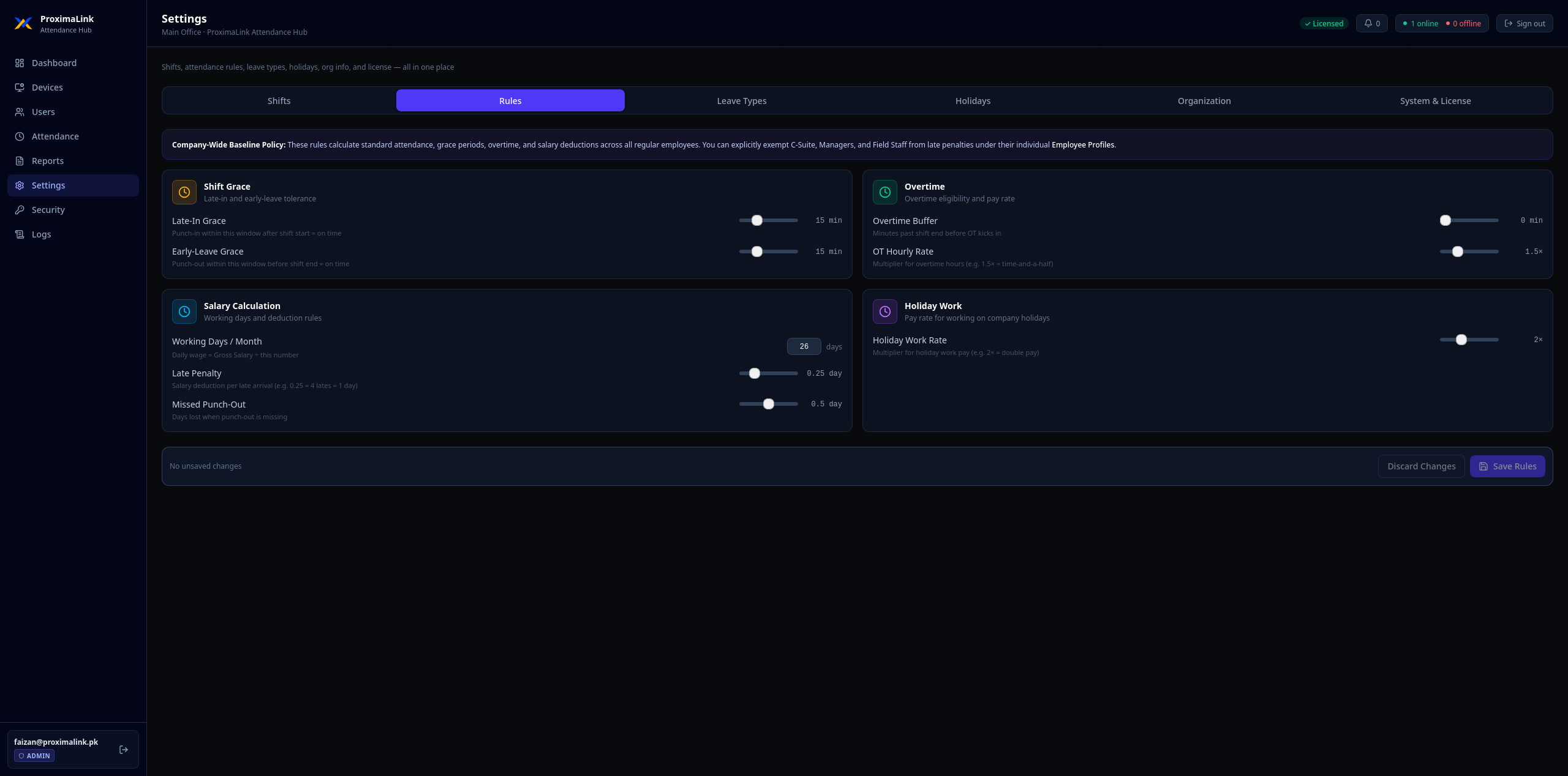 Attendance rules screen with grace periods, overtime and holiday work rate settings