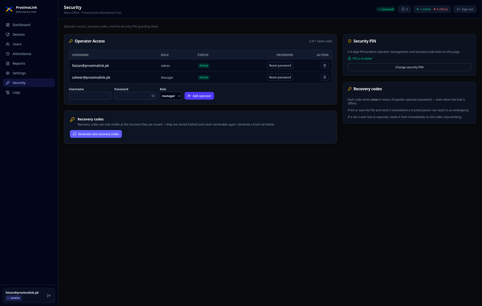 Security screen showing operator access, roles and recovery codes